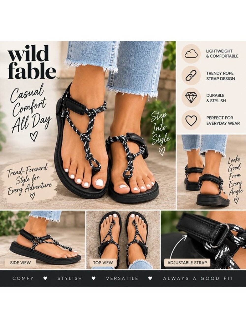Wild Fable Women's Strappy Paracord Rope Sandals Black White NWT Size 8
